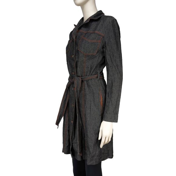 HOLT RENFREW Vtg Y2K Long Denim Gray Jeans Jacket button-down Tie Waist sz 2 - Picture 1 of 16